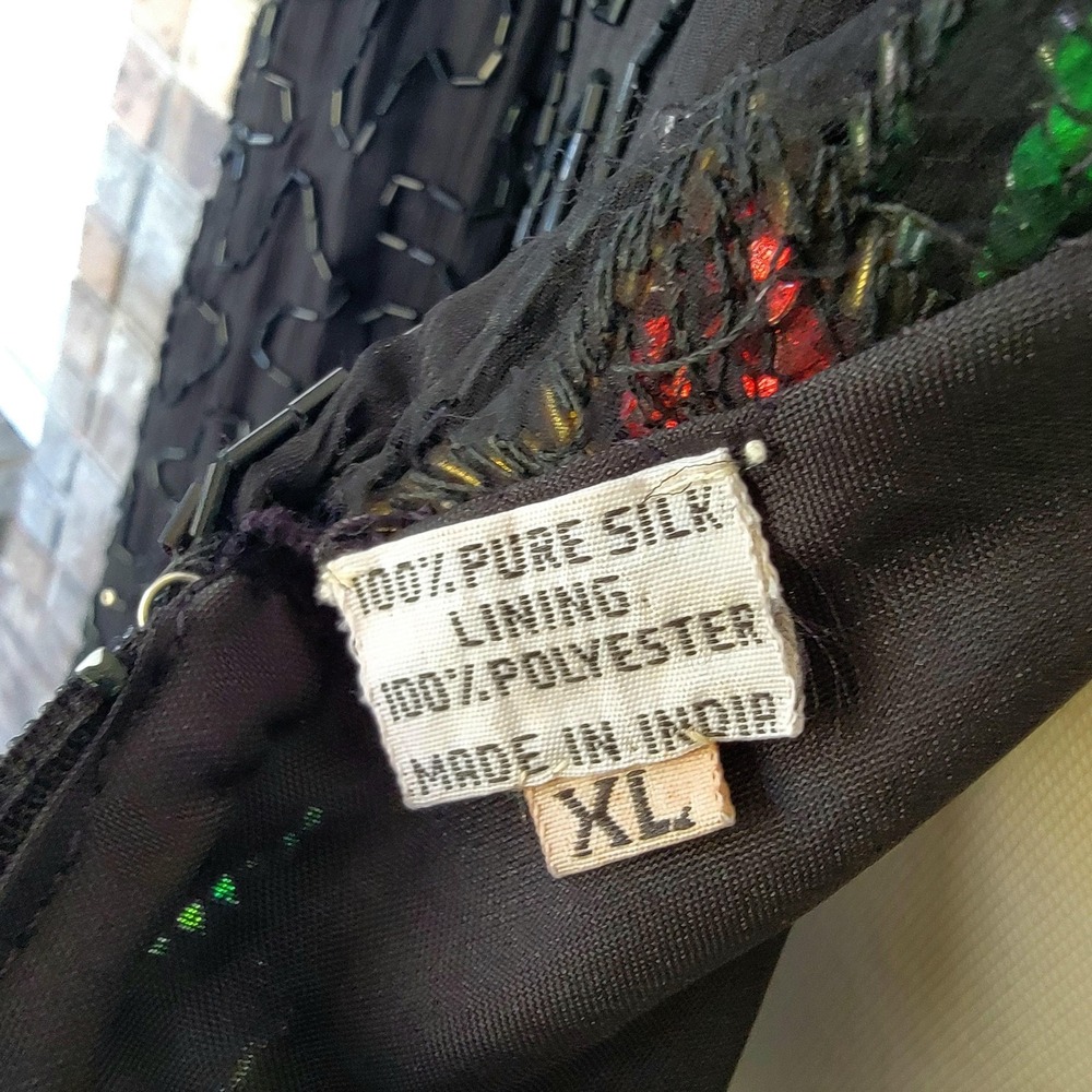 Scala Dress Womens XL Black Silk Beaded Sequin Floral Evening Gown Long Sleeve - Picture 8 of 11